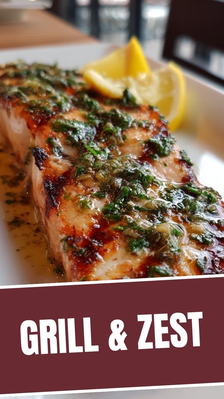 A perfectly grilled salmon fillet seasoned with lemon and herbs