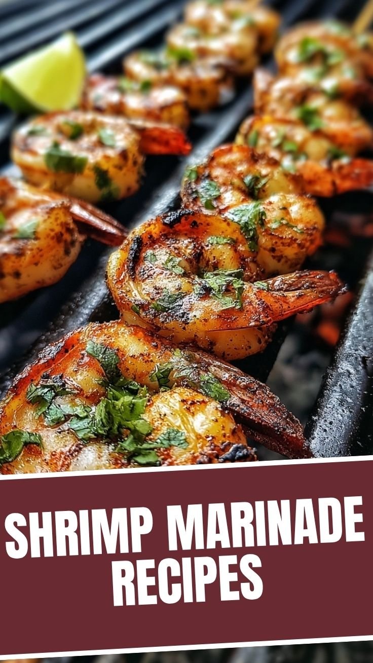 Grilled shrimp skewers on a plate with lemon wedges
