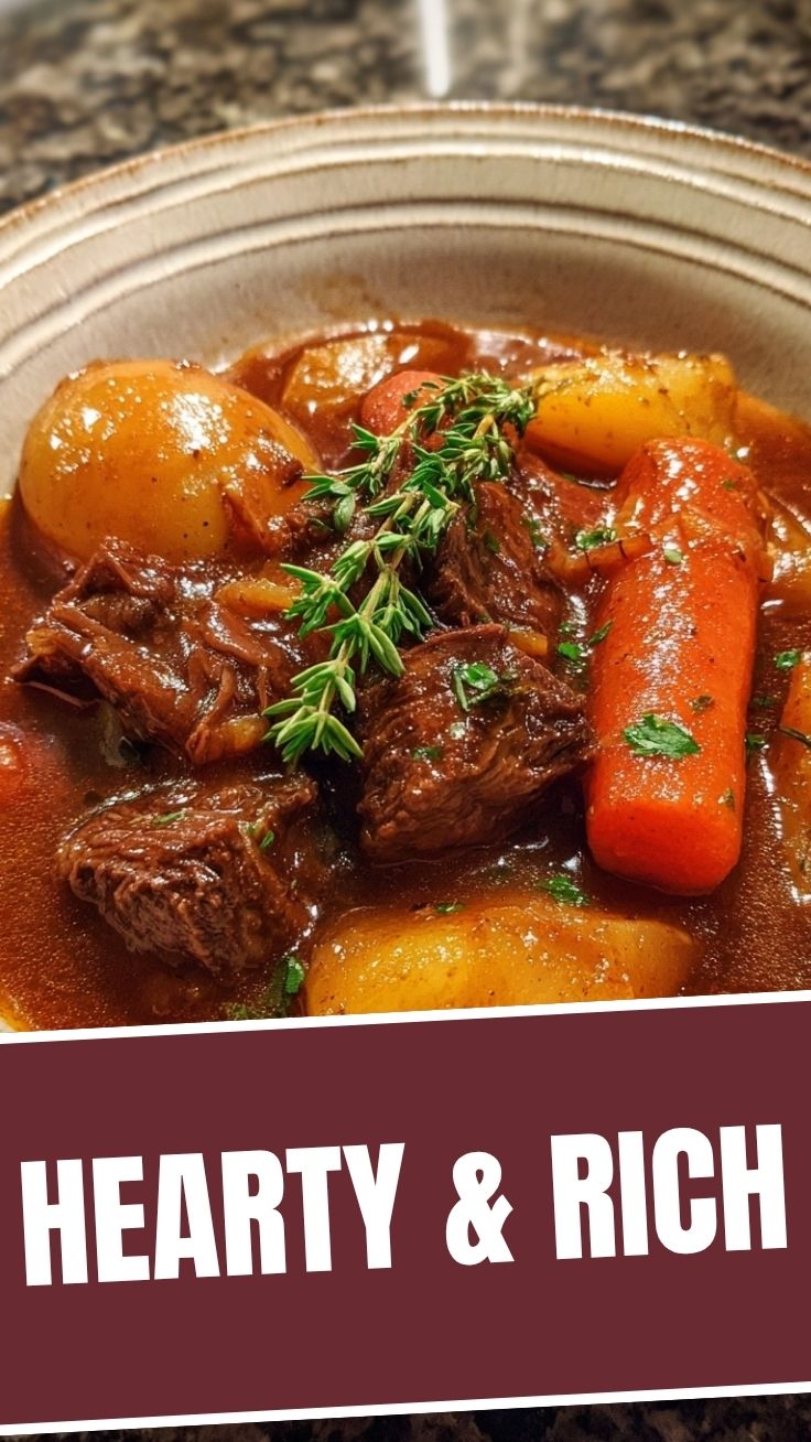 A steaming bowl of hearty beef stew with vegetables