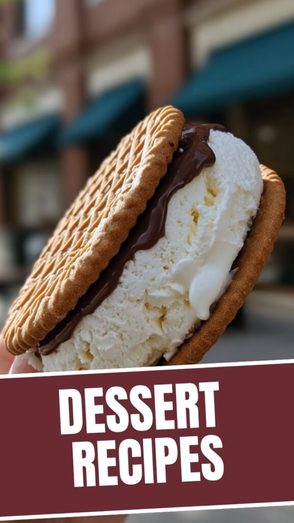 A classic ice cream sandwich with chocolate wafers and vanilla ice cream.