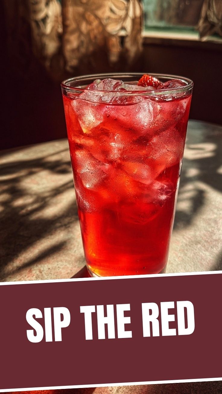 A refreshing glass of Juneteenth strawberry soda, bright red and bubbly.