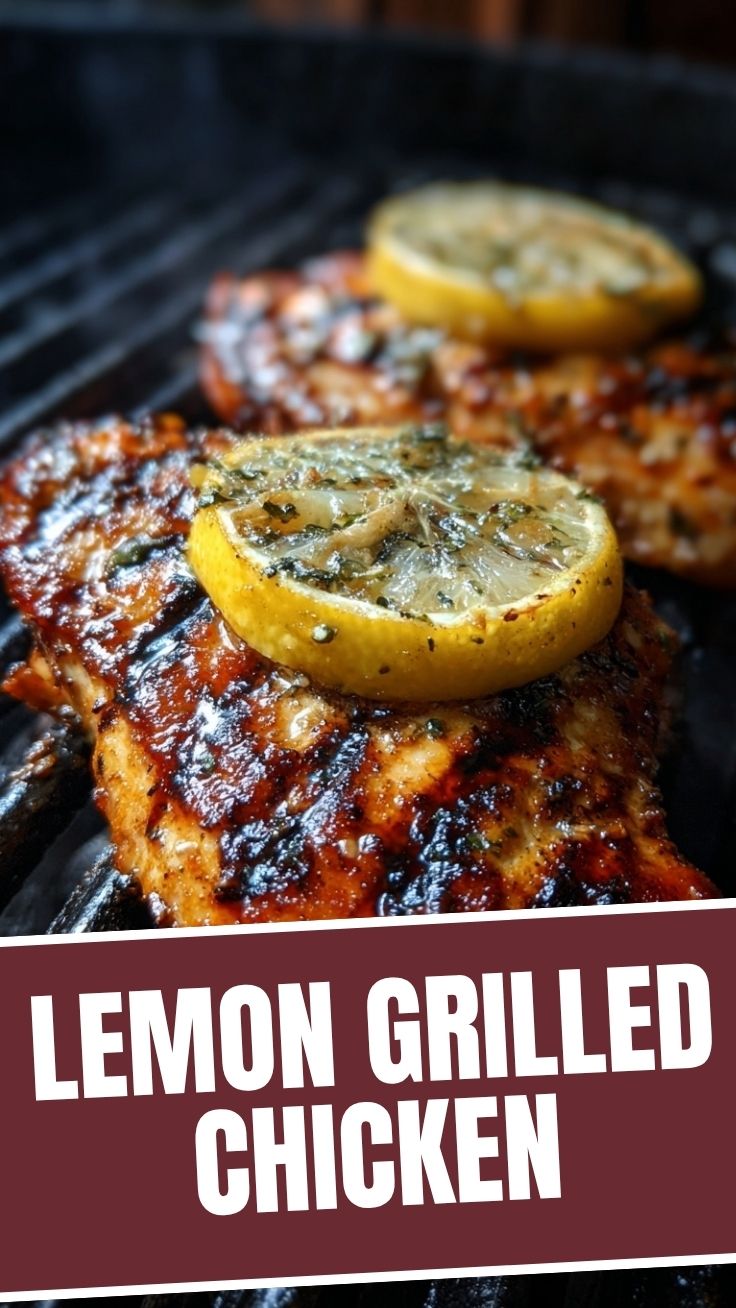 Lemon grilled chicken breasts with char marks on a white plate.