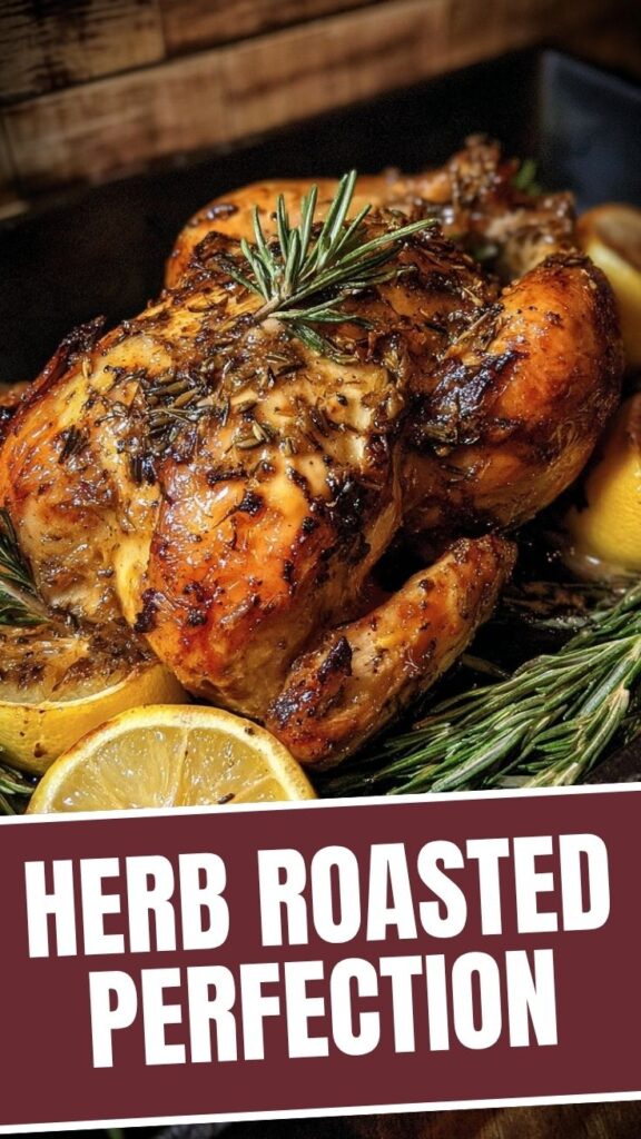 Whole roasted chicken seasoned with lemon and herbs, golden brown and crispy.