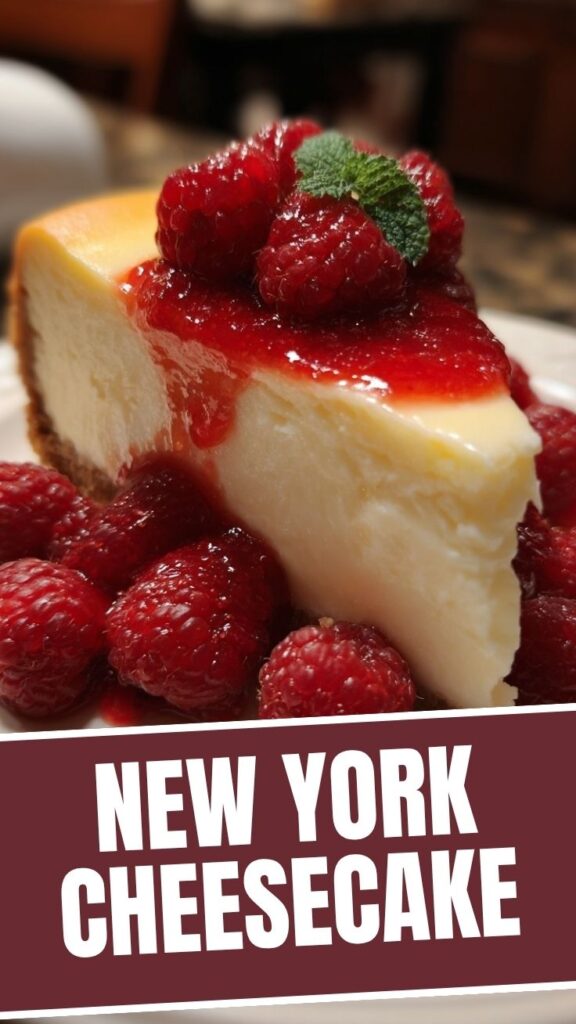 A classic slice of New York Cheesecake on a white plate.
