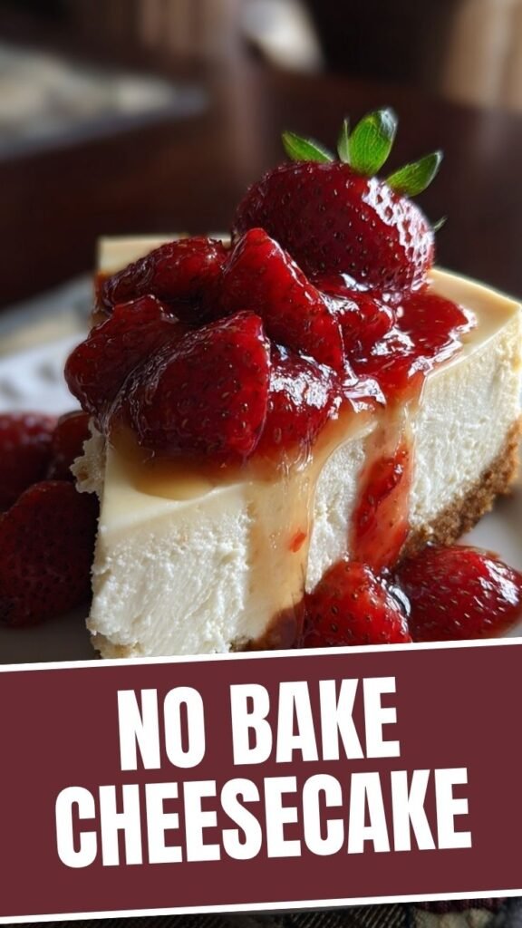 A smooth and creamy no-bake cheesecake garnished with fresh berries.