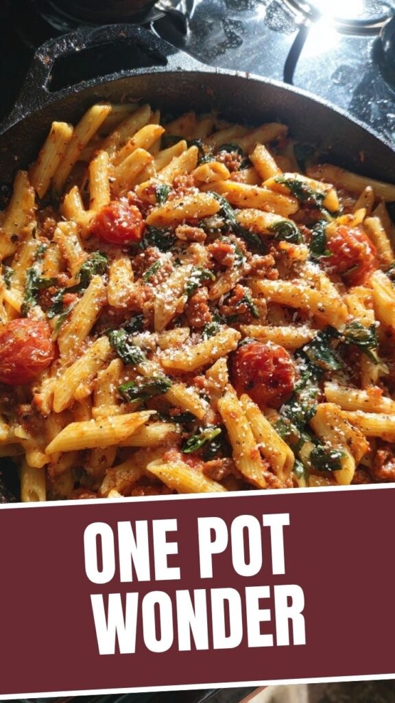A steaming bowl of one pot pasta with fresh herbs