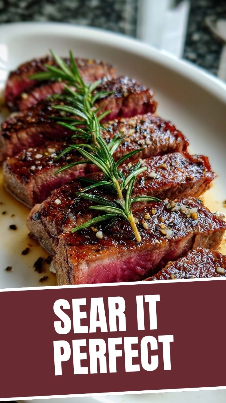 A perfectly cooked pan-seared ribeye steak with a golden-brown crust