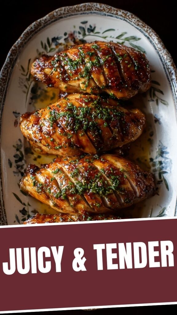 A perfectly baked chicken breast with golden-brown skin, resting on a white plate.