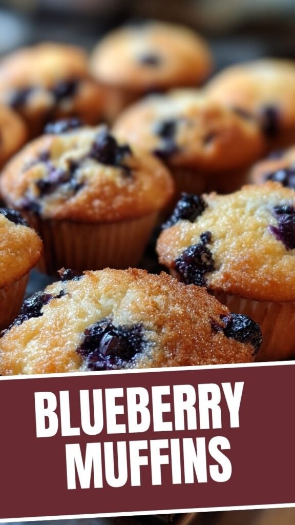 Freshly baked blueberry muffins with golden tops ready to eat