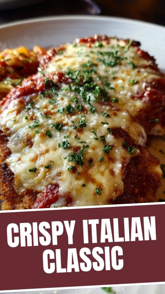 A golden-brown chicken parmesan topped with melted cheese and rich tomato sauce, served on a white plate.