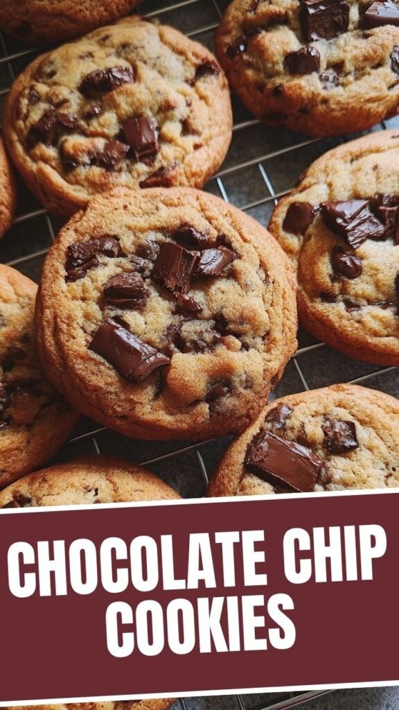 Freshly baked chocolate chip cookies stacked on a cooling rack.