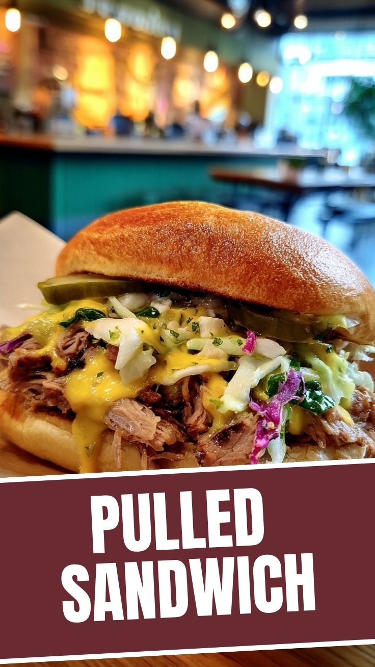 A close-up of a delicious pulled sandwich with tender meat and toppings.