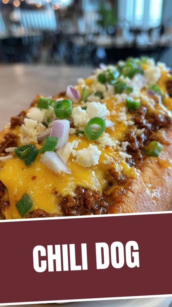 A delicious chili dog topped with ample chili and cheese.