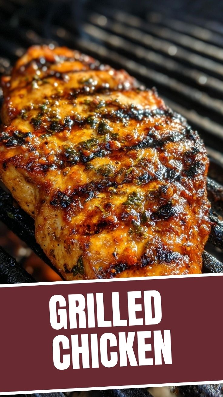 A perfectly cooked grilled chicken, showing char marks and glistening skin.