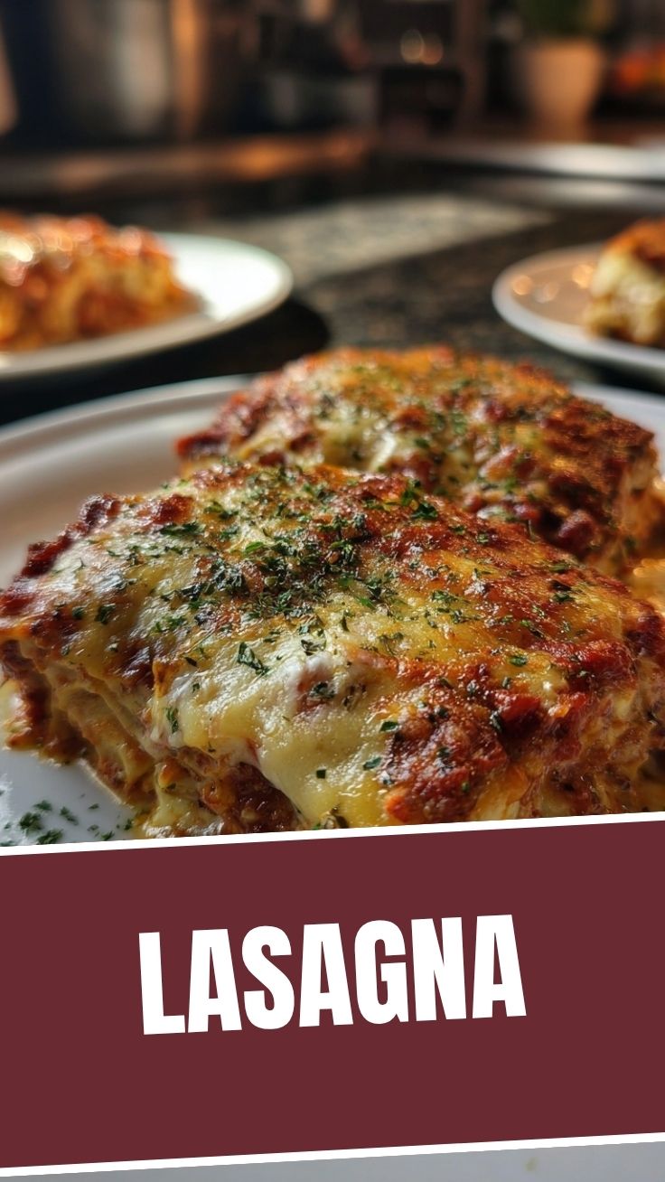 A freshly baked lasagna with melted cheese and rich sauce