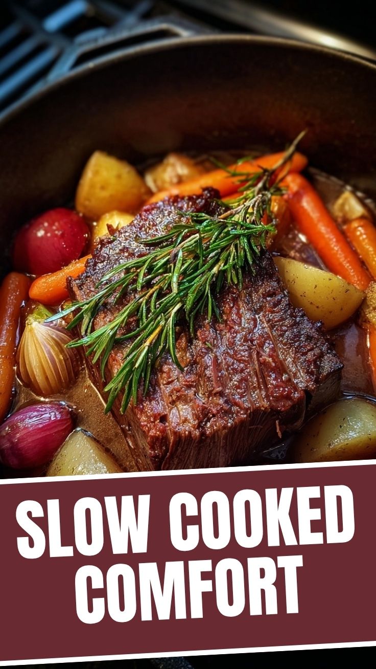 A close-up of a tender, slow-cooked pot roast dish with vegetables.
