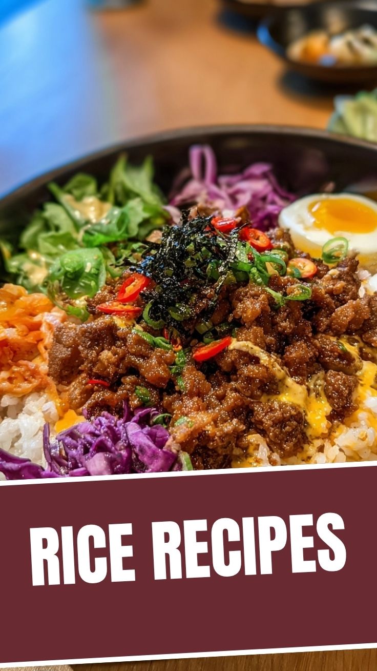 A colorful and savory rice bowl filled with fresh ingredients.