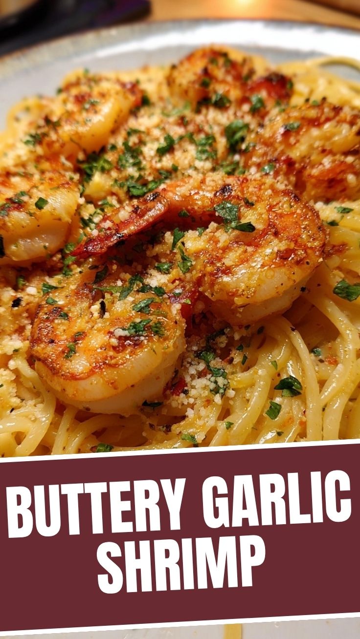 A close-up of a generous serving of shrimp scampi pasta with parsley garnish
