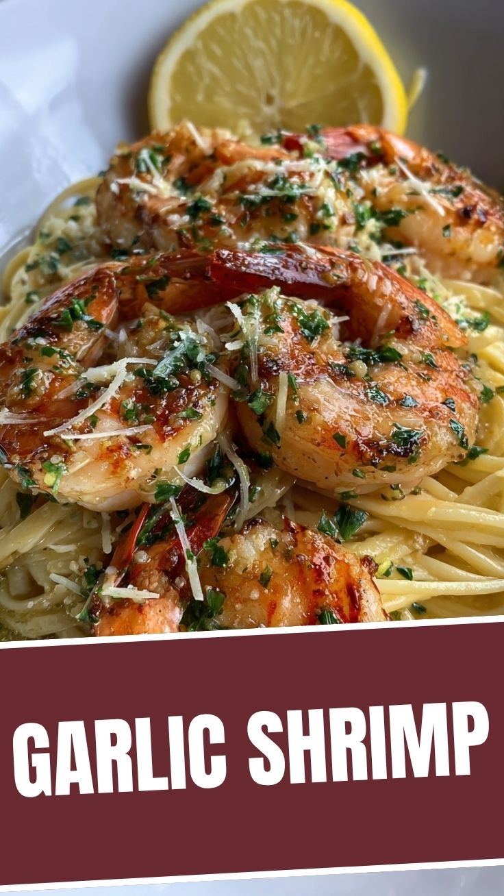 A serving of savory shrimp scampi in a white bowl with parsley garnish.