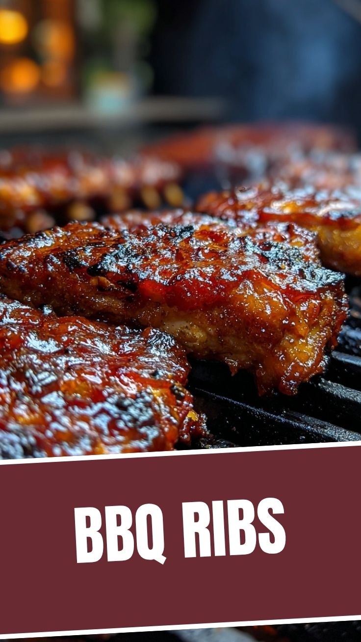 A close-up shot of sizzling BBQ ribs on a grill rack.
