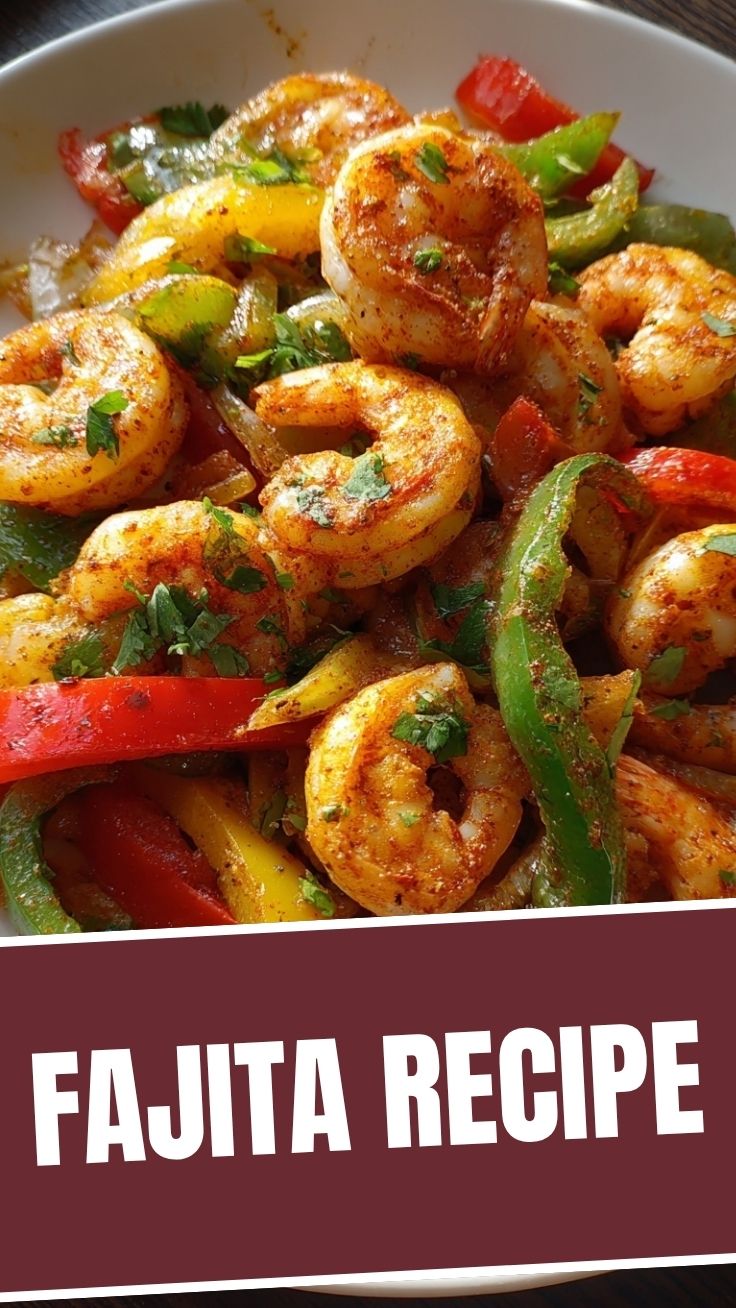 Platter of sizzling shrimp fajitas with colorful peppers and onions