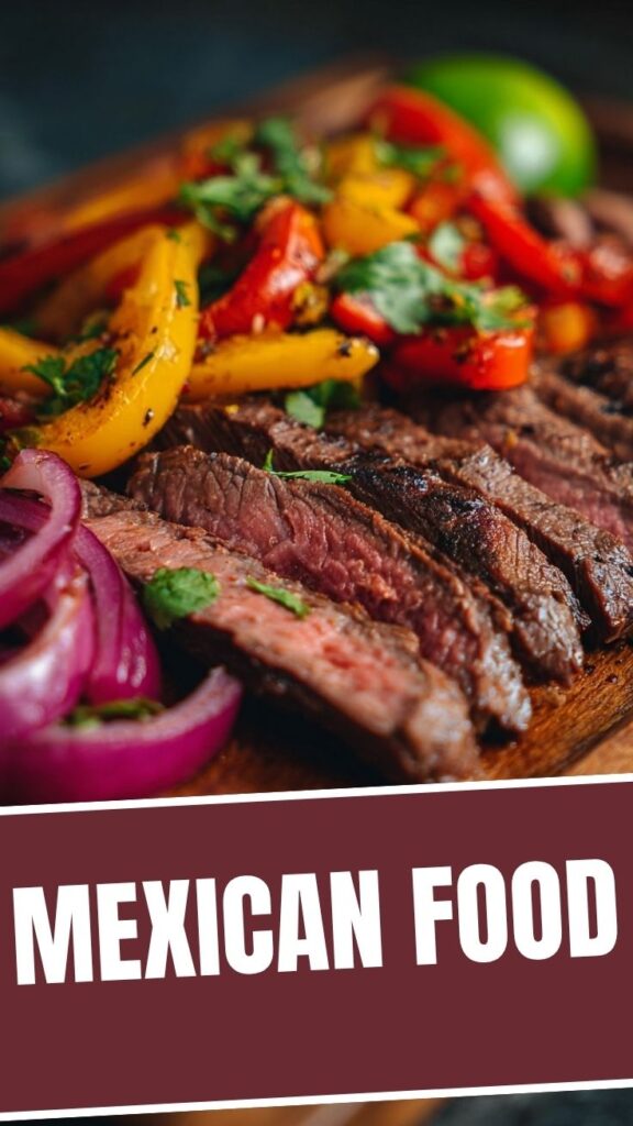 A platter of sizzling steak fajitas with colorful peppers and onions