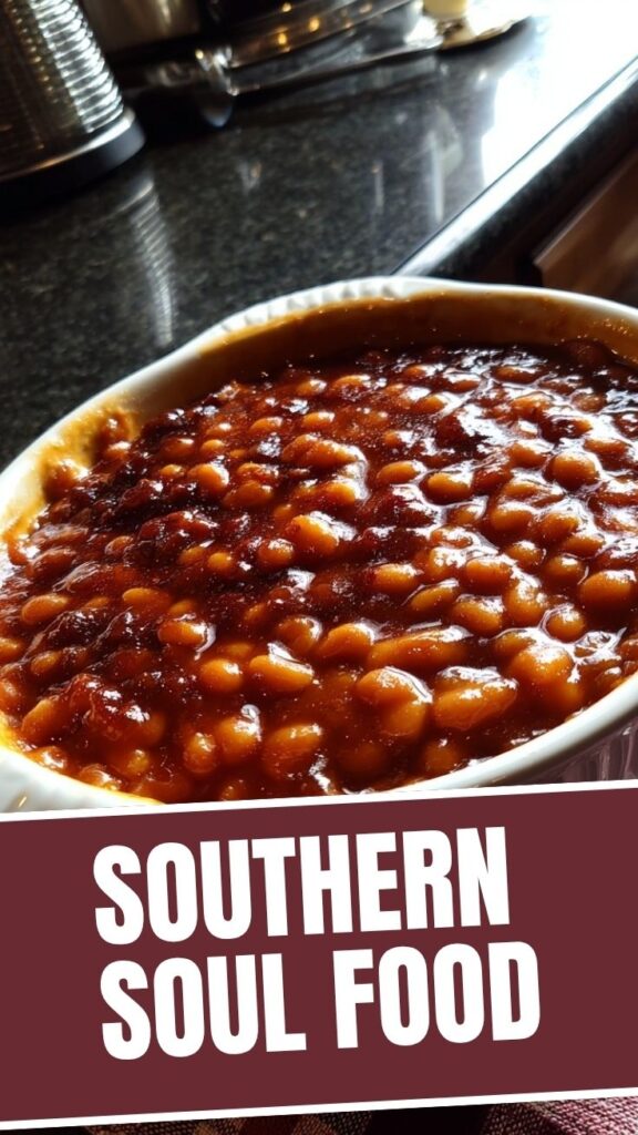 A bowl of Southern baked beans, rich and savory, ready to serve