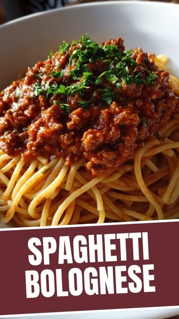 A steaming bowl of traditional spaghetti bolognese, ready to serve.