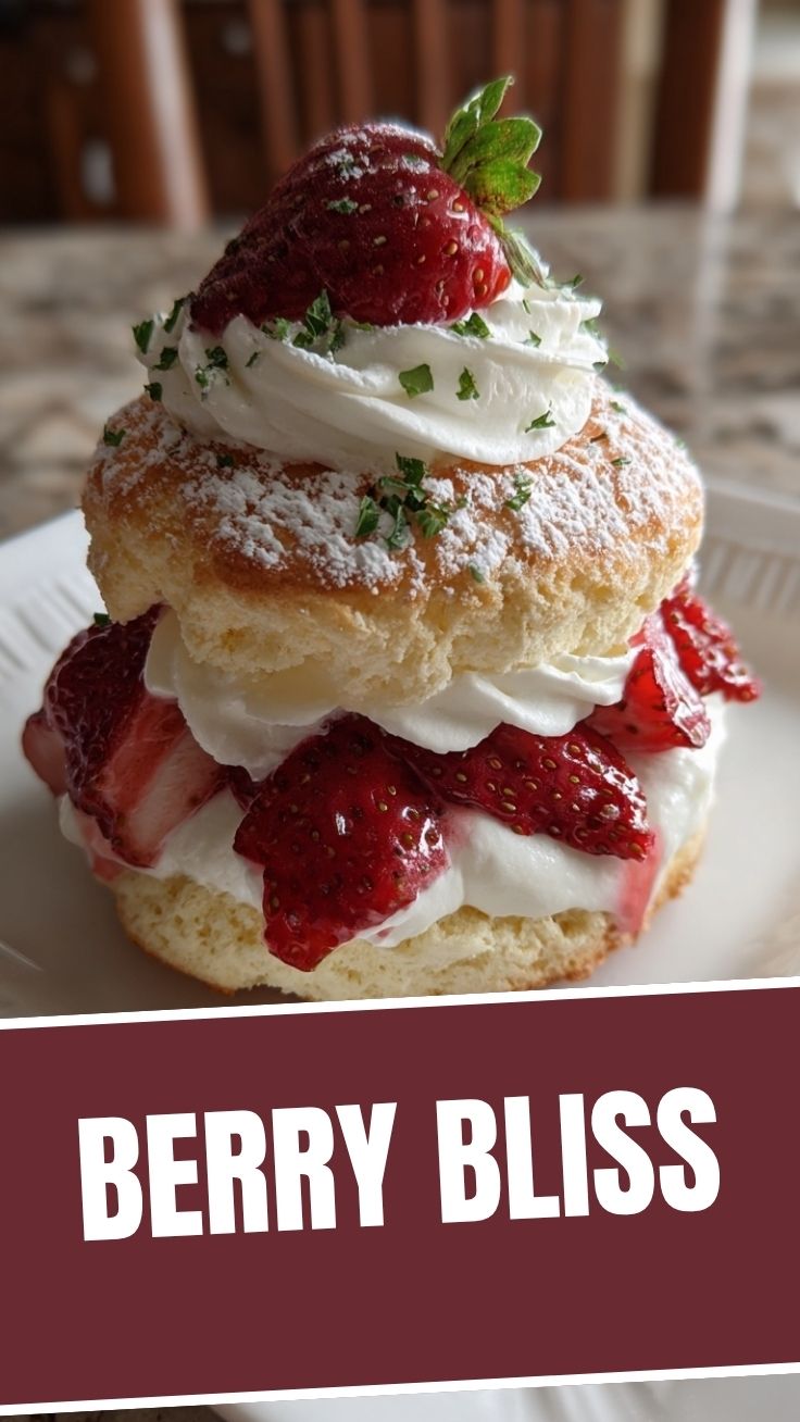 A delectable strawberry shortcake featuring fresh strawberries, whipped cream, and sweet biscuits
