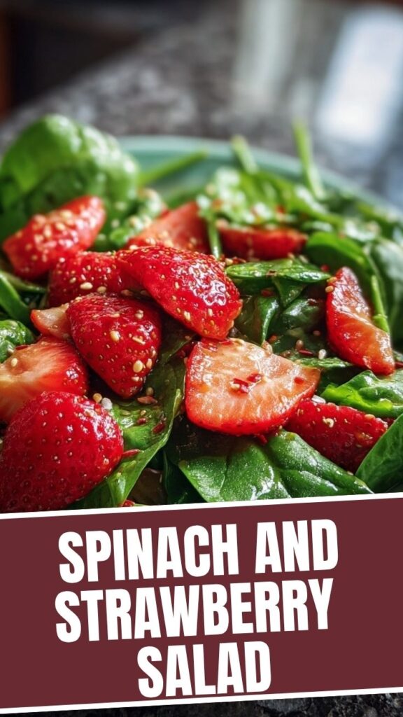 A vibrant strawberry spinach salad in a white bowl with vinaigrette.