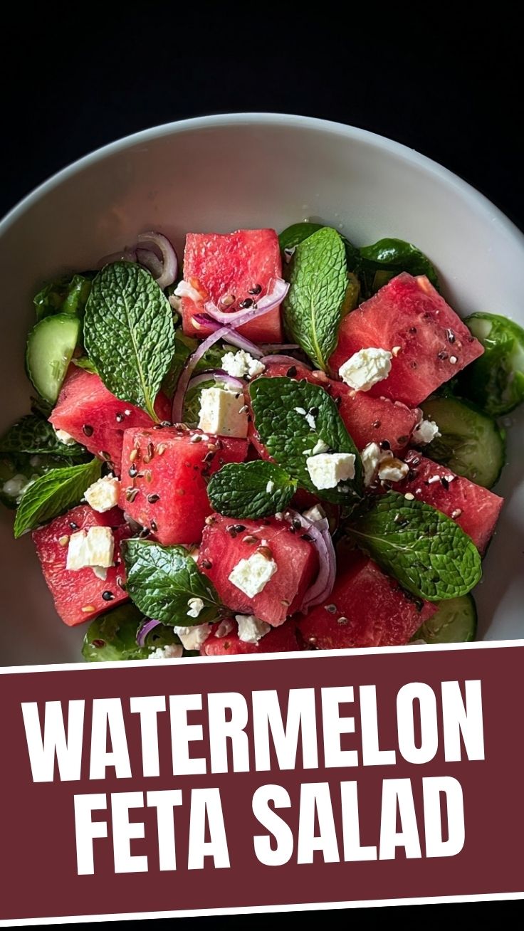 A vibrant watermelon feta salad with fresh mint and balsamic glaze.