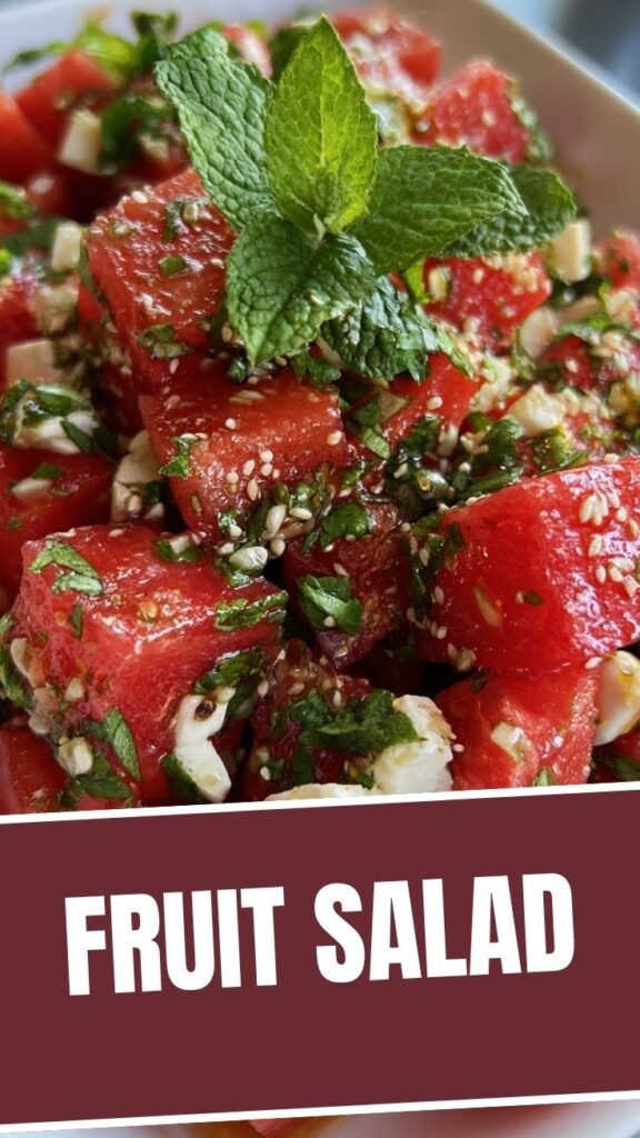 A vibrant watermelon salad with feta and mint on a white plate.