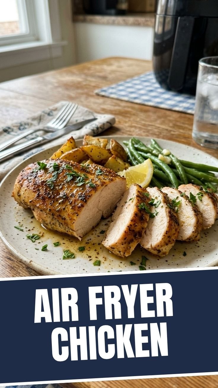 Air fryer chicken breast cooking in basket