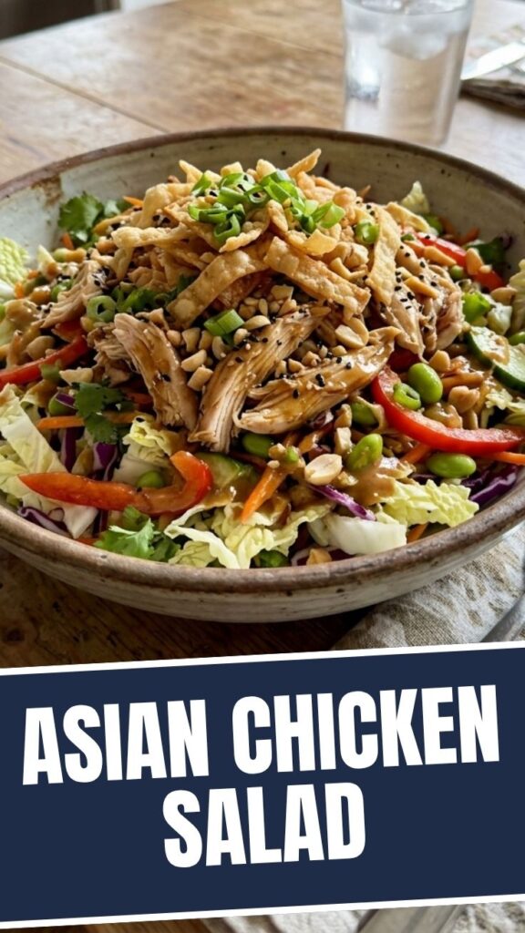 A vibrant Asian chicken salad with crisp vegetables and sesame dressing.