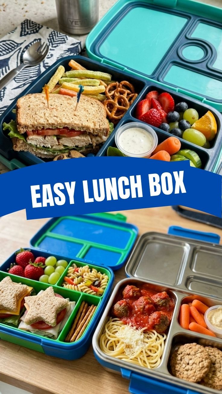 Various healthy and creative back to school lunch box ideas arranged neatly for kids