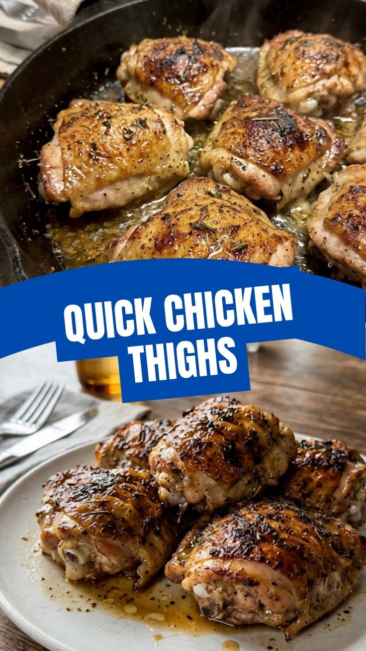 Golden-brown baked chicken thighs arranged in a pan