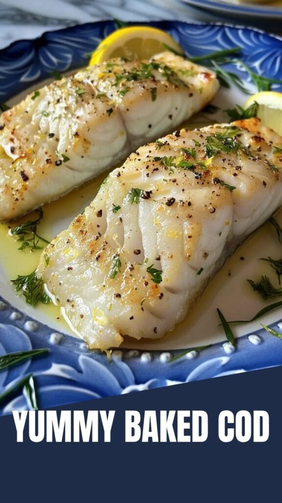 A serving of baked cod with lemon butter sauce, garnished with fresh herbs.