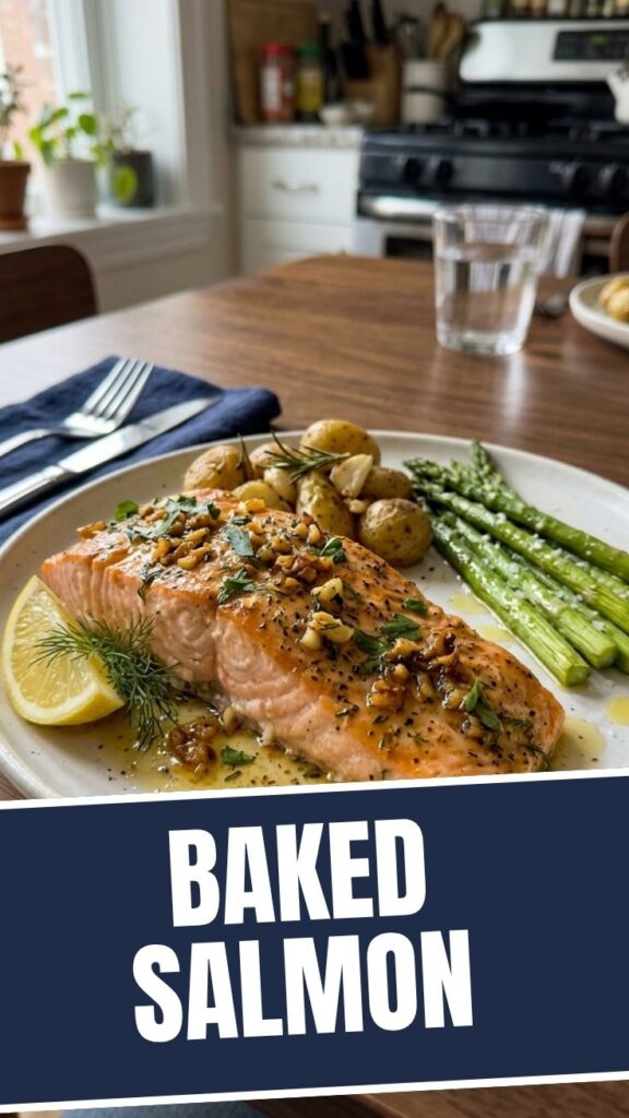 A perfectly baked salmon fillet generously topped with minced garlic.