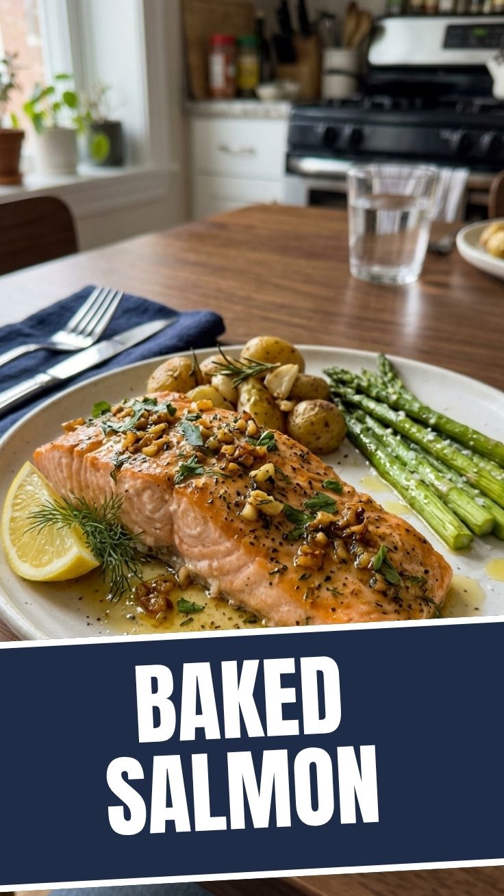 A perfectly baked salmon fillet generously topped with minced garlic.