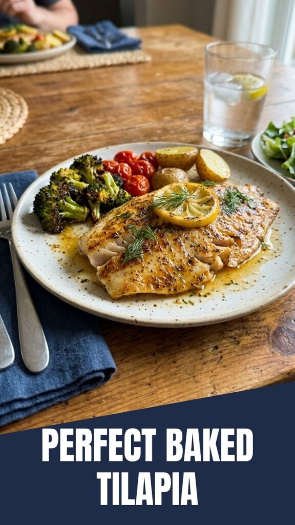 Freshly oven-baked tilapia fillet seasoned with herbs