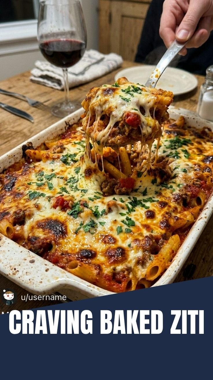 Baked ziti casserole bubbling with cheese