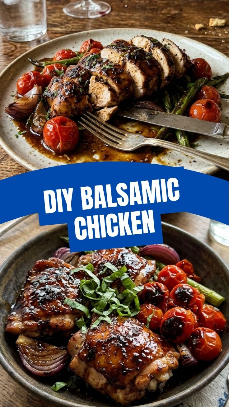 A close-up shot of perfectly cooked balsamic chicken garnished with fresh herbs.