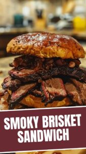 A delicious BBQ brisket sandwich with tender meat and savory sauce.