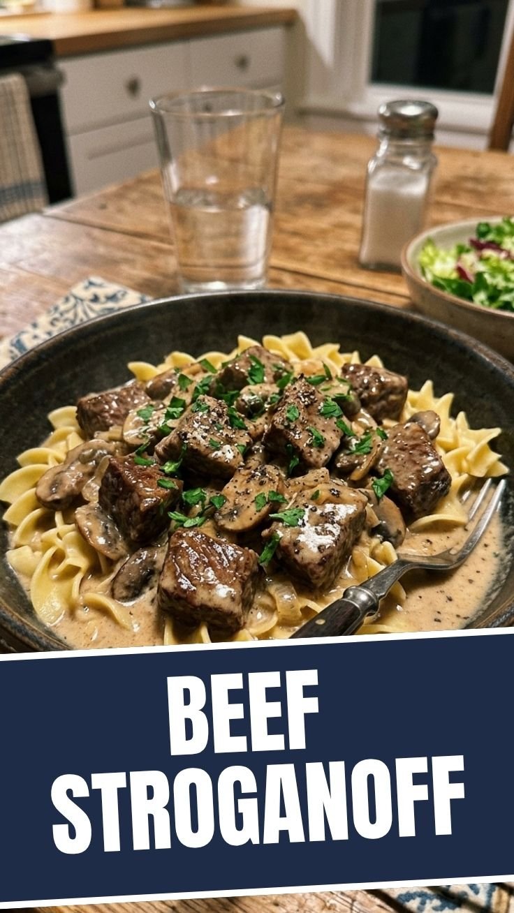 A bowl of Beef Stroganoff garnished with fresh parsley on a wooden table