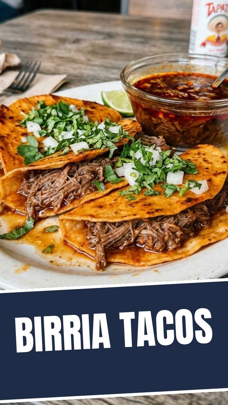 Birria tacos served with consommé