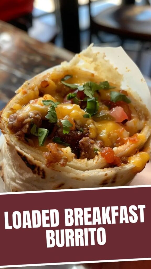 A freshly made breakfast burrito, cut in half to show its delicious fillings, ready to eat.