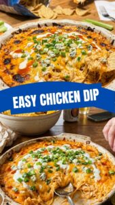 A hot and bubbly Buffalo chicken dip in a baking dish, garnished with green onions