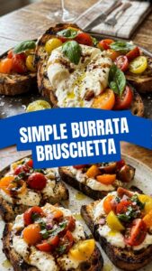Appetizing burrata bruschetta topped with fresh basil and tomatoes on toasted bread.