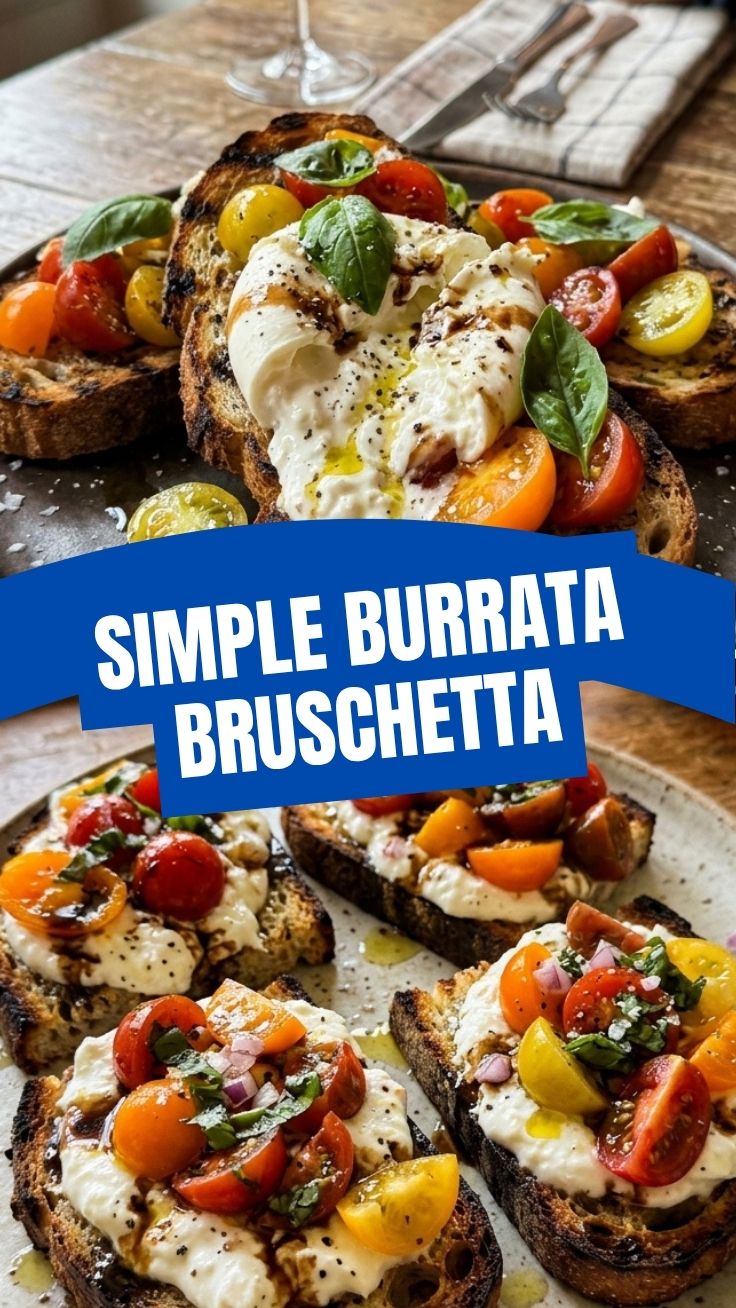 Appetizing burrata bruschetta topped with fresh basil and tomatoes on toasted bread.