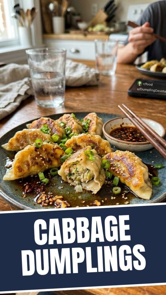 A plate filled with savory cabbage dumplings, garnished with herbs.